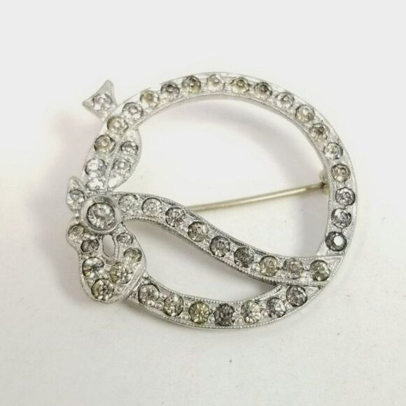 Vintage Rhinestone Bow Circle Brooch, Silver Tone Wreath Shape, Sparkle Estate - Picture 1 of 5